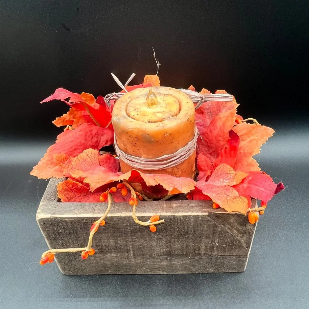 Rustic Fall Candle Centerpiece Wood Crate Maple Leaves‎ Rusty Star 6